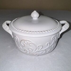 American Atelier Bianca Scroll‎ White Stoneware Lidded Sugar Bowl Small Tureen